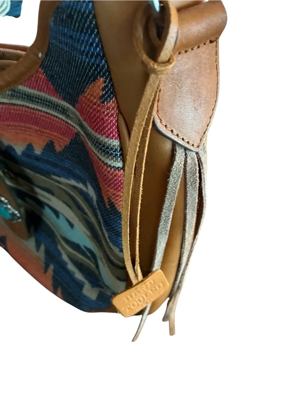 Ariat Southwestern Pattern Tan Leather-Trim Shoulder Bag w fringe Large tooled